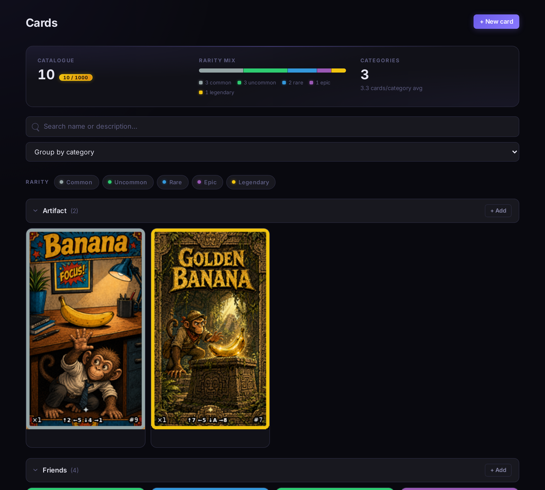 Web admin — custom cards and categories editor