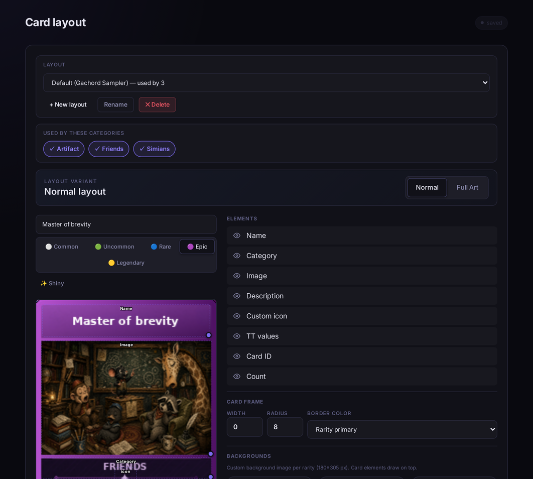 Web admin — WYSIWYG card layout editor