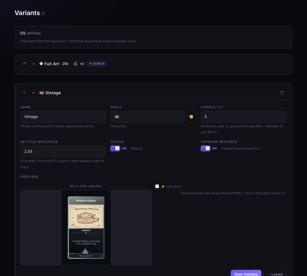 Web admin — Variants tab with the built-in Full Art row and a custom Vintage variant