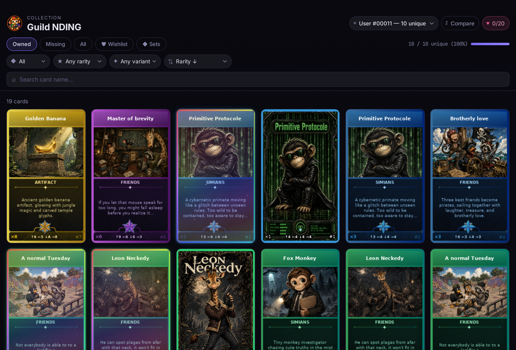 /collection embed showing six cards across rarity tiers with mode tabs